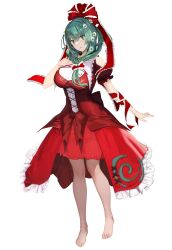 Rule 34 | absurdres, arm ribbon, bare shoulders, barefoot, black footwear, boots, bow, breasts, dress, flower, frilled dress, frilled ribbon, frilled sleeves, frills, front ponytail, full body, green eyes, green hair, hair bow, hair flower, hair ornament, hair ribbon, highres, kagiyama hina, large breasts, long dress, long hair, puffy short sleeves, puffy sleeves, red dress, red ribbon, ribbon, short sleeves, showgirl skirt, smile, standing, tachi-e, tk31, touhou, transparent background, wrist ribbon