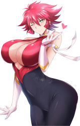 Rule 34 | 1girl, arm ribbon, bare shoulders, blowing kiss, bodysuit, breasts, cleavage, cleavage cutout, clothing cutout, cutie honey, cutie honey (character), elbow gloves, gloves, green eyes, heart, kumakichi (cost-lost), large breasts, looking at viewer, one eye closed, red hair, ribbon, short hair, skin tight, solo, thighs, upper body, white gloves