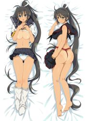 Rule 34 | 10s, 1girl, ass, barefoot, bed, black hair, blush, breasts, cleavage, clothes lift, female focus, full body, gradient background, green eyes, hair ribbon, hand on breast, highres, homura (senran kagura), large breasts, long hair, looking at viewer, looking back, lying, on back, on stomach, open mouth, panties, ponytail, ribbon, senran kagura, shirt lift, skirt, skirt lift, smile, solo, tan, tanline, underboob, underwear, very long hair
