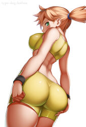 Rule 34 | 1girl, absurdres, ass, bare shoulders, bike shorts, black wristband, blush, breasts, commentary request, creatures (company), eyelashes, from below, game freak, green eyes, highres, large breasts, looking at viewer, looking back, looking down, misty (pokemon), nintendo, orange hair, pokemon, pokemon frlg, ponytail, shiny clothes, short hair, side ponytail, solo, sports bra, type-dog, watermark, web address, wedgie, white background, wristband