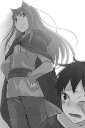 Rule 34 | 1boy, 1girl, animal ears, ayakura juu, cape, floating hair, from below, greyscale, hands on own hips, holo, hooded, klaus (spice and wolf), long hair, looking back, monochrome, novel illustration, official art, one eye closed, open mouth, pants, shirt, simple background, smile, spice and wolf, standing, tail, tears, very long hair, white background, wolf ears, wolf tail