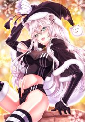 Rule 34 | 1girl, absurdres, ahoge, animal ears, black capelet, black gloves, blush, breasts, capelet, cleavage, crop top, ear piercing, elbow gloves, fang, fur-trimmed capelet, fur-trimmed headwear, fur-trimmed legwear, fur trim, gloves, grey eyes, grey hair, hair between eyes, hasa west, hat, highres, hololive, large breasts, lion ears, lion girl, long hair, looking at viewer, navel, open mouth, piercing, santa costume, santa hat, see-through, see-through cleavage, shishiro botan, sidelocks, smile, solo, thighhighs, virtual youtuber