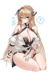 Rule 34 | 1girl, ?, arknights, arm support, bare shoulders, blonde hair, blue eyes, breasts, cleavage, closed mouth, dragon horns, grey horns, hair ornament, hairband, hand on own thigh, highres, horn/wood, horns, huge breasts, invisible chair, long hair, looking at viewer, midriff peek, navel, pointy ears, puffy sleeves, saileach (arknights), saileach (summer flowers) (arknights), simple background, sitting, smile, solo, spoken question mark, swimsuit, thick thighs, thigh strap, thighs, white background