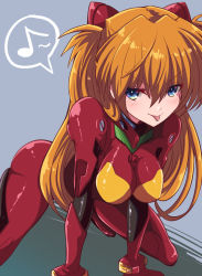 Rule 34 | 1girl, all fours, bent over, blue eyes, blush, bodysuit, breasts, fujitaka nasu, grey background, hair between eyes, hairpods, highres, interface headset, large breasts, looking at viewer, musical note, neon genesis evangelion, orange hair, pilot suit, plugsuit, red bodysuit, shiny clothes, simple background, solo, souryuu asuka langley, spoken musical note, tongue, tongue out, twintails, two side up