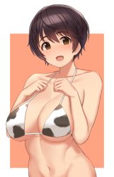 Rule 34 | 1girl, :d, animal print, bikini, bikini top only, black hair, border, bow, breasts, brown hair, cleavage, collarbone, commentary request, cow print, groin, halterneck, hands on own chest, hands up, idolmaster, idolmaster cinderella girls, large breasts, looking at viewer, navel, oikawa shizuku, open mouth, orange bow, out-of-frame censoring, outside border, print bikini, short hair, simple background, smile, solo, swimsuit, tareme, tomajiyama, upper body, white border