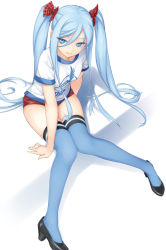 Rule 34 | 10s, 1girl, aoki hagane no arpeggio, arm support, blue eyes, blue hair, blue thighhighs, bow, gym uniform, hair bow, high heels, long hair, looking at viewer, matching hair/eyes, mole, mole under mouth, rokuwata tomoe, shorts, simple background, sitting, solo, takao (aoki hagane no arpeggio), thighhighs, twintails, white background