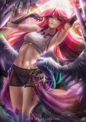 Rule 34 | 1girl, armpits, arms up, artist name, axsen, backlighting, bike shorts, black gloves, breasts, closed mouth, collarbone, commentary, crop top, english commentary, feathered wings, feet out of frame, glint, gloves, highres, jibril (no game no life), light rays, long hair, low wings, medium breasts, navel, no game no life, orange eyes, pink hair, pink lips, pointy ears, revealing clothes, signature, single thighhigh, sleeveless, smile, solo, standing, stomach, sunbeam, sunlight, thigh gap, thighhighs, toned, very long hair, waist cape, watermark, web address, white thighhighs, white wings, wings