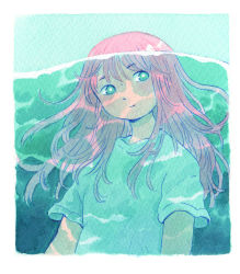 Rule 34 | 1girl, absurdres, aqua background, aqua eyes, arms at sides, border, bright pupils, caustics, closed mouth, color ink (medium), commentary, english commentary, floating hair, head tilt, heikala, highres, ink (medium), long hair, looking at viewer, looking to the side, original, outdoors, painting (medium), partially submerged, pink hair, rounded corners, shikishi, shirt, smile, solo, t-shirt, traditional media, upper body, water, watercolor (medium), white border, white pupils, white shirt