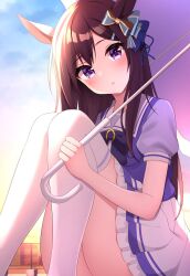 Rule 34 | 1girl, animal ears, black hair, blush, commentary request, fence, hair ornament, hairclip, highres, holding, horse ears, horse girl, looking at viewer, mejiro dober (umamusume), purple eyes, school uniform, sitting, sky, solo, thighhighs, thighs, tracen school uniform, umamusume, zeatto