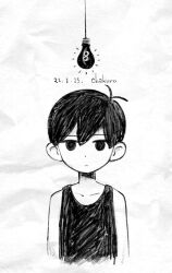 Rule 34 | 1boy, cha kuro (limo), closed mouth, collarbone, cropped torso, dated, dot nose, expressionless, greyscale, hanging light, looking at viewer, male focus, monochrome, omori, omori (omori), paper texture, short hair, signature, solid eyes, solo, straight-on, tank top