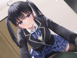 Rule 34 | 1boy, 1girl, ahoge, black hair, black jacket, black thighhighs, blazer, blue bow, blue bowtie, blue eyes, blue skirt, bow, bowtie, breasts, collared shirt, girl on top, indoors, jacket, large breasts, long hair, long sleeves, looking at viewer, miniskirt, original, plaid, plaid bow, plaid bowtie, plaid skirt, school uniform, shirt, skirt, solo focus, thighhighs, twintails, white shirt, yamamura umi