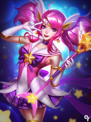 Rule 34 | 1girl, ahoge, alternate costume, alternate hair color, alternate hairstyle, bow, bowtie, breasts, choker, gloves, league of legends, liang xing, looking at viewer, lux (league of legends), magical girl, open mouth, pink hair, pleated skirt, purple bow, purple bowtie, purple eyes, skirt, smile, solo, sparkle, star (symbol), star guardian (league of legends), star guardian lux, tiara, twintails, v, wand, white gloves