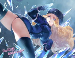 Rule 34 | 1girl, ass, black gloves, black panties, black thighhighs, blonde hair, blue eyes, breasts, buttons, coat, english text, eyebrows, eyelashes, fighting stance, fur hat, fur trim, gloves, hat, highres, ice, japanese text, kiriyama2109, kolin, lips, long hair, panties, parted lips, solo, street fighter, street fighter v, thighhighs, thighs, underwear, ushanka, wavy hair, winter clothes, winter coat, zettai ryouiki