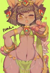 Rule 34 | 1boy, 1girl, animal ears, annoyed, armband, bastet (fullbokko heroes), bikini, bikini top only, blush, bob cut, brown hair, cat ears, cat girl, chromatic aberration, earrings, fangs, flat chest, fullbokko heroes, furry, green background, jewelry, navel, no panties, one eye closed, open mouth, pawpads, pink hair, rikose, short hair, simple background, sweat, swimsuit, thick arms, thick eyebrows, thick thighs, thighs, wide hips, yellow eyes