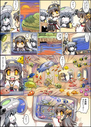 Rule 34 | 10s, 2girls, ^ ^, abyssal ship, aqua eyes, closed eyes, clownfish, comic, cup, fish, flying sweatdrops, forest, grey hair, hairband, haruna (kancolle), hat, headgear, hisahiko, i-class destroyer, kantai collection, lights, long hair, moorish idol, multiple girls, napoleon wrasse, nature, on lap, open mouth, orange eyes, short hair, smile, star-shaped pupils, star (symbol), surprised, symbol-shaped pupils, tentacles, thighhighs, translation request, tropical fish, window, wo-class aircraft carrier