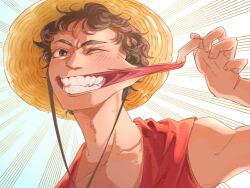 Rule 34 | 1boy, bare arms, bare shoulders, black hair, brown eyes, brown hair, commentary, curly hair, emphasis lines, english commentary, gomu gomu no mi, grin, hat, highres, male focus, matching hair/eyes, monkey d. luffy, one eye closed, one piece, one piece (live action), parted lips, portrait, red vest, short hair, sleeveless, smile, solo, straw hat, teeth, thick eyebrows, vest, viviiskate