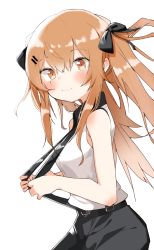 Rule 34 | 1girl, :3, bare arms, bare shoulders, black bow, black skirt, blush, bow, breasts, brown eyes, brown hair, closed mouth, collared shirt, commentary, girls&#039; frontline, hair between eyes, hair bow, hair ornament, hairclip, highres, long hair, looking at viewer, looking to the side, official alternate costume, pulled by self, shirt, simple background, skirt, sleeveless, sleeveless shirt, small breasts, solo, suspender skirt, suspenders, suspenders pull, tosyeo, twintails, ump9 (girls&#039; frontline), ump9 (shiba investigator) (girls&#039; frontline), very long hair, white background, white shirt