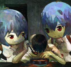 Rule 34 | 1boy, 2girls, :|, absurdres, ayanami rei, big head, black hair, blank room soup, blue hair, bodysuit, bowl, clone, closed mouth, emikkzo, english text, expressionless, food, hair between eyes, hand on another&#039;s head, hands up, head down, highres, holding, holding ladle, horror (theme), ikari shinji, ladle, leaning forward, looking at another, meme, multiple girls, neon genesis evangelion, no nose, parody, plugsuit, red eyes, rei chikita, shirt, short hair, short sleeves, signature, sitting, soup, table, white shirt
