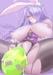 Rule 34 | 1girl, ahegao, alternate costume, animal ears, ass, bare shoulders, black pantyhose, blush, breasts, camilla (fire emblem), camilla (spring) (fire emblem), clitoral hood, clitoris, easter, egg, egg laying, fake animal ears, fire emblem, fire emblem heroes, gold trim, hair over one eye, large breasts, leotard, long hair, mikoyan, nintendo, nipples, no panties, pantyhose, purple background, purple eyes, purple hair, pussy, rabbit ears, simple background, sitting, solo, spread legs, sweat, torn clothes, torn leotard, torn pantyhose, uncensored, very long hair