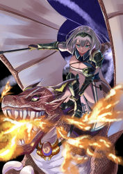 Rule 34 | 1girl, animalization, armor, armored boots, black footwear, black gloves, boots, braid, breasts, breath weapon, breathing fire, cleavage, cloud, commentary request, dragon, dress, fingerless gloves, fire, gloves, green eyes, grey hair, hair between eyes, headpiece, highres, hololive, hololive alternative, kiryu coco, kiryu coco (dragon), knee boots, large breasts, natsuki (natukituki), outdoors, parted lips, pauldrons, shirogane noel, shirogane noel (1st costume), shoulder armor, virtual youtuber, white dress, yellow eyes
