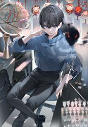 Rule 34 | 1boy, arm up, black footwear, black hair, black pants, black shirt, board game, chair, chess, commentary request, crossed legs, drawer, globe, glowing, hair between eyes, hand on own face, hand on table, highres, indoors, knife, leg up, looking at viewer, miwano rag, open mouth, original, pants, purple eyes, shirt, shoes, short hair, sitting, sleeve cuffs, smoke, solo, table