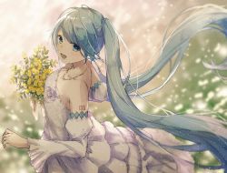Rule 34 | 1girl, aqua eyes, aqua hair, blurry, blurry background, bokeh, bouquet, commentary, depth of field, detached sleeves, dress, dress flower, flower, from above, hand up, haruta (user dndp3458), hatsune miku, holding, holding bouquet, jewelry, layered dress, looking at viewer, looking up, necklace, open mouth, rose, smile, solo, vocaloid, wedding, wedding dress, white flower, white rose, white sleeves