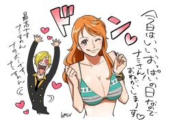 Rule 34 | blonde hair, bow, bowtie, bra, bracelet, breasts, brown hair, copyright request, earrings, formal, heart, heart-shaped pupils, jewelry, kasuga akira, large breasts, mature female, mature male, nami (one piece), one piece, orange hair, orange shirt, sanji (one piece), shirt, suit, symbol-shaped pupils, tongue, underwear