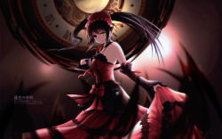 Rule 34 | 1girl, absurdres, artist name, asymmetrical hair, black hair, breasts, character name, choker, clock, clock eyes, date a live, detached sleeves, dress, floating hair, from side, gothic lolita, hairband, heterochromia, highres, layered dress, liht, lolita fashion, lolita hairband, long hair, looking at viewer, medium breasts, neck ribbon, red dress, red eyes, red ribbon, ribbon, skirt hold, sleeveless, sleeveless dress, smile, solo, standing, symbol-shaped pupils, tokisaki kurumi, twintails, very long hair, yellow eyes