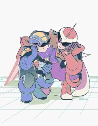 Rule 34 | &gt; &lt;, 2boys, arm blade, hand on own face, helmet, highres, long hair, looking at another, male focus, mega man (series), mega man battle network (series), mega man battle network 6, megaman.exe, multiple boys, nctn patch, protoman.exe, shade, short hair, smile, squatting, weapon