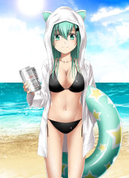 Rule 34 | 10s, 1girl, alternate costume, animal ears, animal hood, aqua hair, bad id, bad pixiv id, beach, bikini, black bikini, breasts, cleavage, drink, hair ornament, hairclip, highres, hood, hoodie, innertube, kantai collection, kuromayu, large breasts, long hair, looking at viewer, navel, ocean, open clothes, open hoodie, shiny skin, side-tie bikini bottom, smile, solo, sun, suzuya (kancolle), swim ring, swimsuit, wet