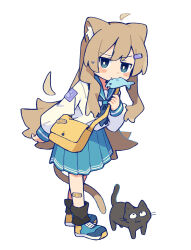 Rule 34 | 156m, 1girl, :3, ahoge, animal ears, arm at side, bag, bandages, black cat, blue eyes, blue skirt, blush, blush stickers, bright pupils, cat, cat ears, cat girl, cat tail, closed mouth, detached ahoge, double-parted bangs, fang, fish, fish in mouth, from side, full body, furrowed brow, hair ornament, hairclip, highres, leg warmers, light brown hair, long hair, long sleeves, looking at viewer, looking to the side, mouth hold, original, pleated skirt, school uniform, serafuku, shirt, shoes, shoulder bag, simple background, skirt, sleeve cuffs, sneakers, solo, standing, sweatdrop, tail, very long hair, white background, white pupils, white shirt, yellow bag