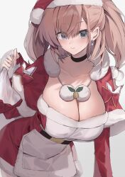 Rule 34 | 1girl, atlanta (kancolle), black choker, bow, breasts, brown hair, cape, choker, christmas, cleavage, closed mouth, dress, fur-trimmed dress, fur trim, grey background, grey eyes, hat, highres, holding, holding sack, kantai collection, large breasts, long hair, long sleeves, looking at viewer, picoli1313, red bow, red cape, red dress, sack, santa costume, santa hat, simple background, solo, two side up, white bow