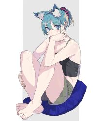 Rule 34 | 1girl, animal ear fluff, aqua hair, armpit crease, bare shoulders, barefoot, black tank top, blue eyes, blush, breasts, collarbone, commentary request, crop top, earrings, feet, full body, green shorts, grey background, hair between eyes, hand on own chin, hand on own leg, highres, jewelry, knees apart feet together, knees up, legs, looking at viewer, machi (wm), midriff, nail polish, on ground, original, pillarboxed, pillow, ponytail, short shorts, shorts, sidelocks, sitting, small breasts, soles, solo, stud earrings, tank top, thighs, toe scrunch, toenail polish, toenails, toes, white background