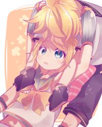Rule 34 | 1girl, aoi choko (aoichoco), arms around neck, arms up, blonde hair, blue eyes, blush, brother and sister, crop top, detached sleeves, fortissimo, hands on another&#039;s head, headphones, headset, highres, hug, hug from behind, kagamine len, kagamine len (vocaloid4), kagamine rin, kagamine rin (vocaloid4), leaning on person, leg warmers, looking at another, looking up, lying, navel, on back, orange background, pillow, sailor collar, shirt, short hair, siblings, sleeveless, sleeveless shirt, twins, v4x, vocaloid