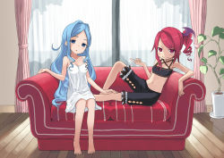Rule 34 | 2girls, barefoot, black shorts, blue eyes, blue hair, blush, breasts, chiroru (7450n), couch, curtains, dress, female focus, flat chest, hair ornament, long hair, looking at viewer, midriff, multiple girls, navel, open mouth, original, pants, plant, potted plant, red curtains, red eyes, red hair, red upholstery, sheer curtains, shorts, side ponytail, sitting, smile, strapless, tube top, white dress