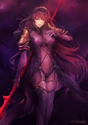 Rule 34 | 1girl, armor, bodysuit, breasts, breasts apart, capelet, circlet, covered navel, fate/grand order, fate (series), gae bolg (fate), gem, hair between eyes, half-closed eyes, hand up, highres, hiroki ree, holding, holding polearm, holding spear, holding weapon, impossible bodysuit, impossible clothes, lance, large breasts, long hair, looking at viewer, navel, open mouth, outdoors, pauldrons, polearm, purple bodysuit, purple hair, purple sky, red eyes, red gemstone, scathach (fate), shiny clothes, shoulder armor, showgirl skirt, signature, sky, smile, solo, spear, standing, thigh gap, turtleneck, veil, very long hair, weapon, wind