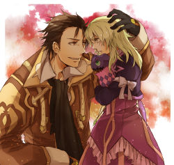Rule 34 | 1boy, 1girl, alvin (tales), asaya-bigun, ascot, bad id, bad pixiv id, black gloves, blonde hair, bow, brown eyes, brown hair, coat, creature, cropped jacket, dress, elize lutus, eye contact, frills, gloves, green eyes, hand on another&#039;s head, jewelry, long hair, looking at another, pendant, purple dress, ribbon, smile, tales of (series), tales of xillia, teepo (tales), yellow eyes
