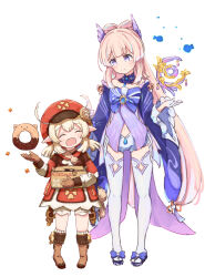 Rule 34 | 2girls, :d, blonde hair, blue bow, boots, bow, bow-shaped hair, box, brown footwear, brown gloves, closed eyes, detached sleeves, doughnut, dress, floating, food, full body, genshin impact, gloves, highres, klee (genshin impact), long sleeves, looking at another, low twintails, multiple girls, navel, open mouth, pink hair, pointy ears, purple eyes, red dress, red headwear, sandals, sangonomiya kokomi, sateto (user knrf2332), shorts, simple background, smile, thighhighs, twintails, vision (genshin impact), white background, white shorts, white thighhighs