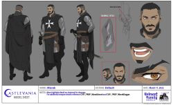 Rule 34 | 1boy, absurdres, anime coloring, bara, beard, black hair, boots, brown hair, buzz cut, cape, castlevania: nocturne, castlevania (series), character sheet, close-up, collaboration, cross print, dark-skinned male, dark skin, facial hair, facing away, from side, full body, highres, kt (kloysius), large pectorals, looking ahead, male focus, mature male, mizrak (castlevania), multiple views, muscular, muscular male, mustache, official art, pectorals, priest, profile, short hair, sideways glance, suzanne (tendermiasma), thick eyebrows, thick mustache, thigh boots, very short hair