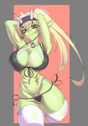 Rule 34 | 1girl, armpits, arms behind head, arms up, blonde hair, body markings, breasts, closed mouth, colored skin, eyelashes, facial mark, green skin, grey hairband, hair between eyes, hairband, highres, horizontal pupils, hornet (lycoris), horns, horns through headwear, long eyelashes, long hair, lycoris (lyc0riss), navel, o-ring, original, pointy ears, ponytail, short eyebrows, signature, skindentation, slit pupils, smile, solo, thighhighs, two-tone background, white thighhighs, yellow eyes