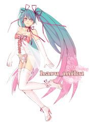 Rule 34 | 1girl, aqua hair, bad id, bad pixiv id, breasts, cleavage, corset, elbow gloves, full body, garter belt, garter straps, gloves, gradient hair, hair ribbon, haru miku, hatsune miku, high heels, highres, legs, long hair, mino, mino (syoa), multicolored hair, open shoes, panties, pink eyes, ribbon, shoes, simple background, small breasts, solo, thighhighs, thighs, twintails, underwear, very long hair, vocaloid, white background, white thighhighs