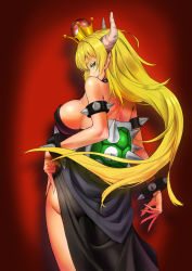 Rule 34 | 1girl, alternate hairstyle, aqua eyes, armlet, ass, back, backless dress, backless outfit, bare arms, bare back, bare shoulders, black collar, black dress, blonde hair, borrowed design, bowsette, bracelet, breasts, collar, crown, dress, fingernails, from behind, gluteal fold, hair down, hand on own hip, horns, jewelry, large breasts, long fingers, long hair, looking at viewer, looking back, mario (series), mizuhachi saru, new super mario bros. u deluxe, nintendo, pelvic curtain, pointy ears, princess, red background, sharp fingernails, shoulder blades, solo, spiked armlet, spiked bracelet, spiked collar, spiked shell, spikes, standing, strapless, strapless dress, super crown, turtle shell, v-shaped eyebrows, very long hair, vignetting