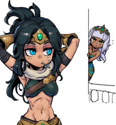 Rule 34 | 2girls, arms behind head, black hair, blunt bangs, blush, breasts, cleavage, closed mouth, dark-skinned female, dark skin, green eyes, grey hair, hair ornament, jewelry, large breasts, league of legends, long hair, multiple girls, navel, necklace, parted bangs, phantom ix row, pout, qiyana (league of legends), sideways glance, sivir, stomach, upper body, white background
