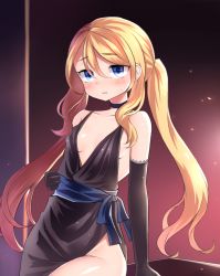 Rule 34 | 1girl, blonde hair, blue eyes, blush, breasts, choker, commentary request, dress, elbow gloves, elina lavrentieva, gloves, hair between eyes, highres, long hair, neit ni sei, no panties, open mouth, original, sash, shiny skin, small breasts, solo, sweatdrop, twintails, upper body