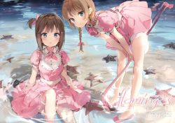 Rule 34 | 2girls, absurdres, anmi, bent over, between legs, bird, blue eyes, blush, braid, breasts, brown hair, collared shirt, dress, flamingo, frills, hair ribbon, hand between legs, highres, knee up, light brown hair, long hair, looking at viewer, medium breasts, multiple girls, no socks, ocean, one side up, original, parted lips, pink dress, pink ribbon, puffy short sleeves, puffy sleeves, ribbon, ripples, scan, shirt, short hair with long locks, short sleeves, sitting, standing, starfish, translation request, tress ribbon, twin braids, v arms, water surface