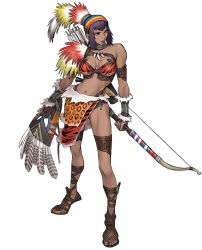 Rule 34 | 1girl, animal print, arrow (projectile), artist request, asymmetrical clothes, bare legs, blue eyes, bow (weapon), brown footwear, hat, holding, holding bow (weapon), holding mask, holding weapon, leopard print, level-5, lilika, looking to the side, mask, official art, purple eyes, quiver, rogue galaxy, sandals, short hair, solo, tiger print, weapon, white background