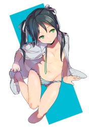 Rule 34 | 1girl, black hair, breasts, choker, convenient censoring, cropped legs, francesca lucchini, gluteal fold, green eyes, hair ribbon, head tilt, highres, jacket, jacket on shoulders, navel, omucchan (omutyuan), panties, ribbon, shoes, simple background, sitting, small breasts, solo, strike witches, striped clothes, striped panties, twintails, underwear, world witches series