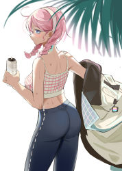 Rule 34 | 1girl, absurdres, arknights, ass, bare shoulders, black pants, blue eyes, blue poison (arknights), blue poison (shoal beat) (arknights), bottle, breasts, camisole, earrings, from behind, hairband, high-waist pants, highres, holding, holding bottle, jacket, jewelry, leggings, long hair, long sleeves, looking at viewer, looking back, medium breasts, off shoulder, official alternate costume, pants, pink hair, scales, solo, spaghetti strap, sweat, water bottle, white jacket, xuxuxu
