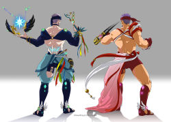 Rule 34 | 2boys, abs, alternate costume, bara, black hair, bracelet, clothing cutout, facial hair, fingerless gloves, floating, floating object, from behind, full body, gloves, glowing, goatee, grey hair, gyee, headband, horn (instrument), instrument, jewelry, long sideburns, male focus, manly, minato (mina 20mg), multiple boys, muscular, purple hair, revealing clothes, sho yumoti, short hair, shorts, shrug (clothing), sideburns, single fingerless glove, skin tight, sky, standing, su (gyee), thick thighs, thigh cutout, thighs, tight clothes, topless male, translation request, weapon, winged footwear, yan (gyee)