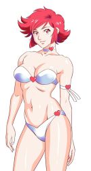 Rule 34 | 1girl, arm at side, arm behind back, bad id, bad twitter id, bare arms, bare legs, bare shoulders, bikini, breasts, choker, cleavage, closed mouth, collarbone, cutie honey, cutie honey (character), heart, heart bikini, heart choker, heart swimsuit, highres, large breasts, legs, lips, looking at viewer, magical girl, matching hair/eyes, navel, neck, niina akihiko, red eyes, red hair, shiny skin, short hair, simple background, smile, solo, standing, strapless, strapless bikini, swimsuit, white background, white bikini